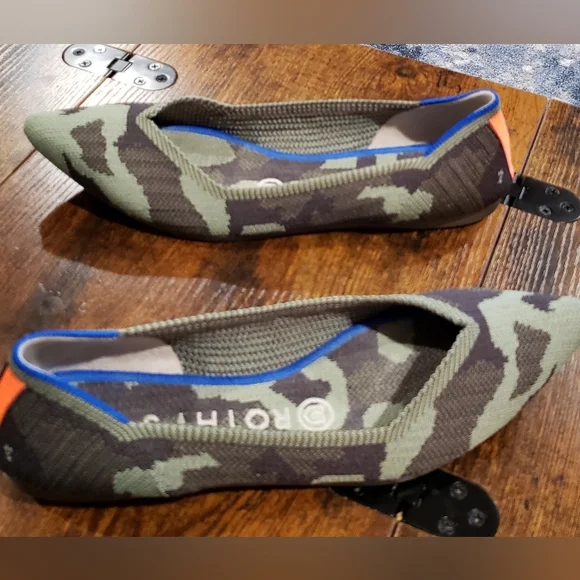 Rothy's Camo Pointed Flats with Blue Trim and Orange Heel Accent - Picture 6 of 6